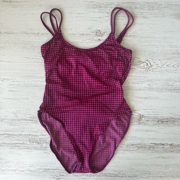 VINTAGE 80s Gingham High Cut Bow One Piece Swimsuit Dunkis of New York Hot Pink - Picture 2 of 14